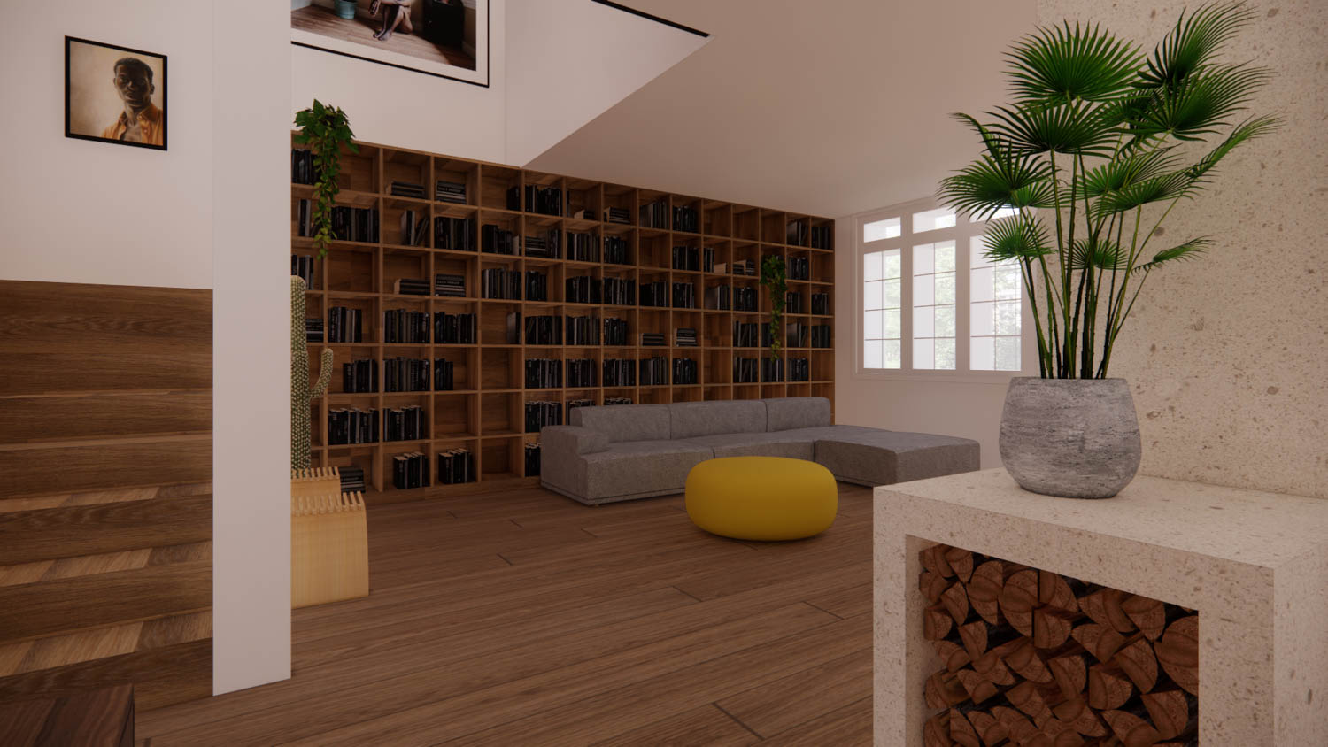 room with brown cubbies, white console table and plant on top