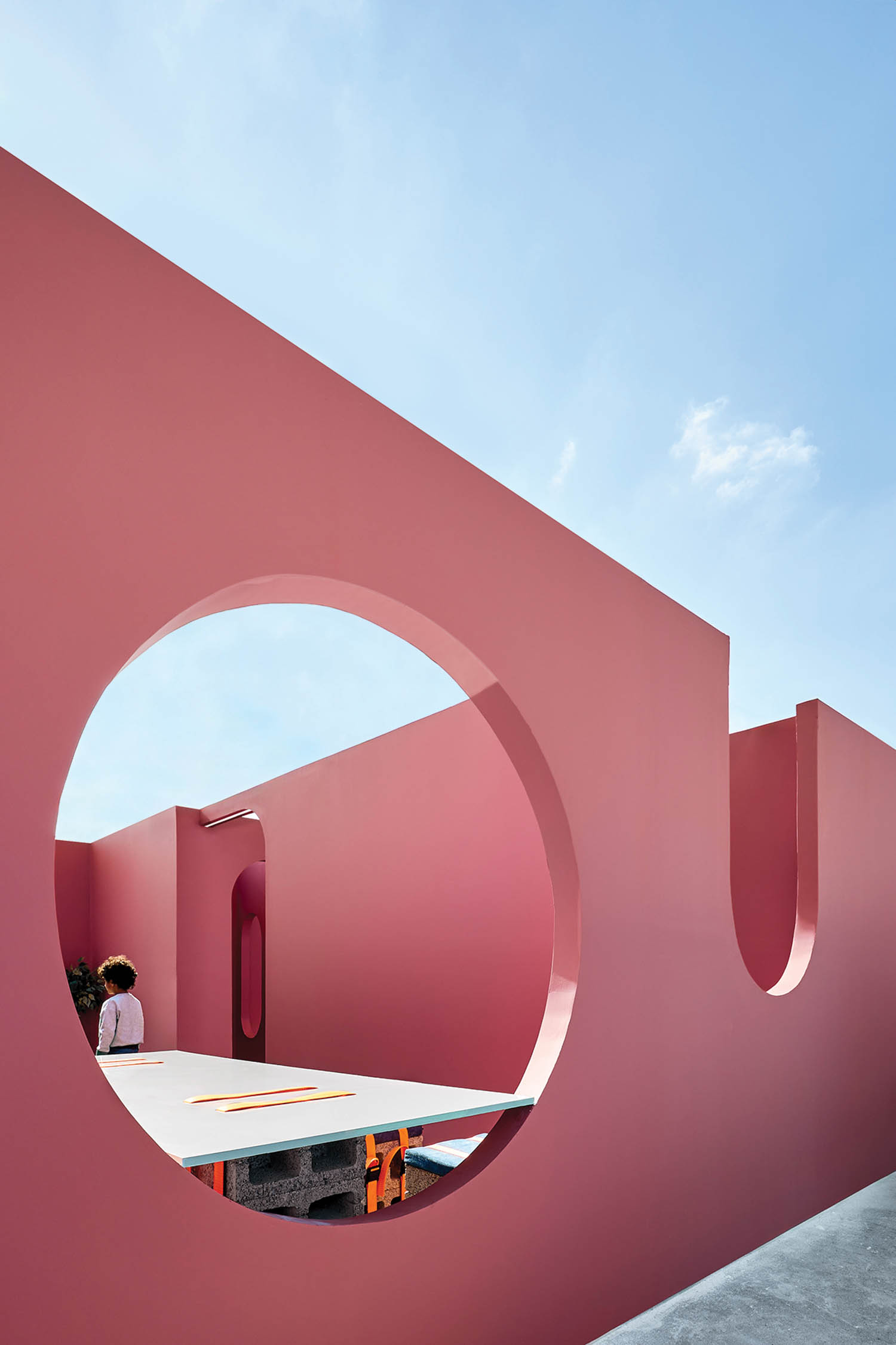 pink circular cut outs in the open-air maze