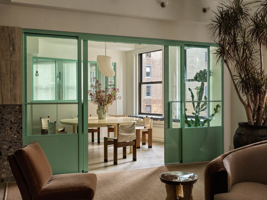 A view into a conference room with expansive windows