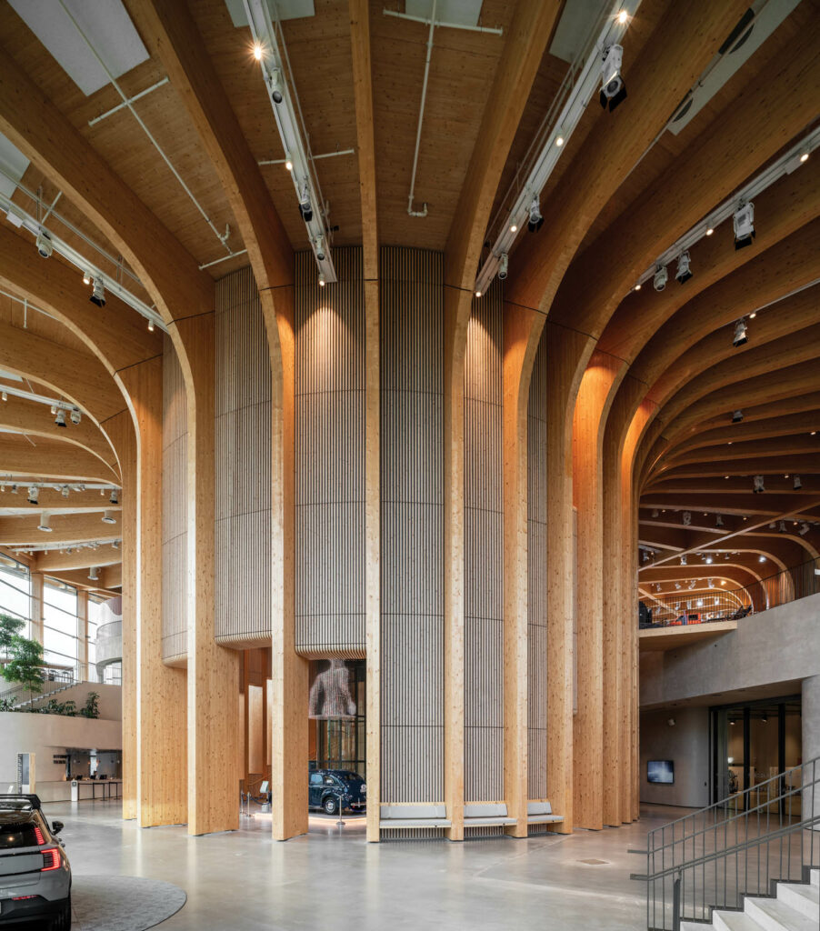 an elevator bank in the shape of a giant tree