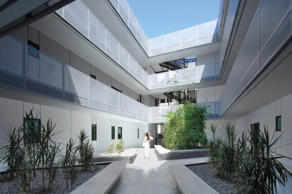 courtyard with fountain and multiple levels