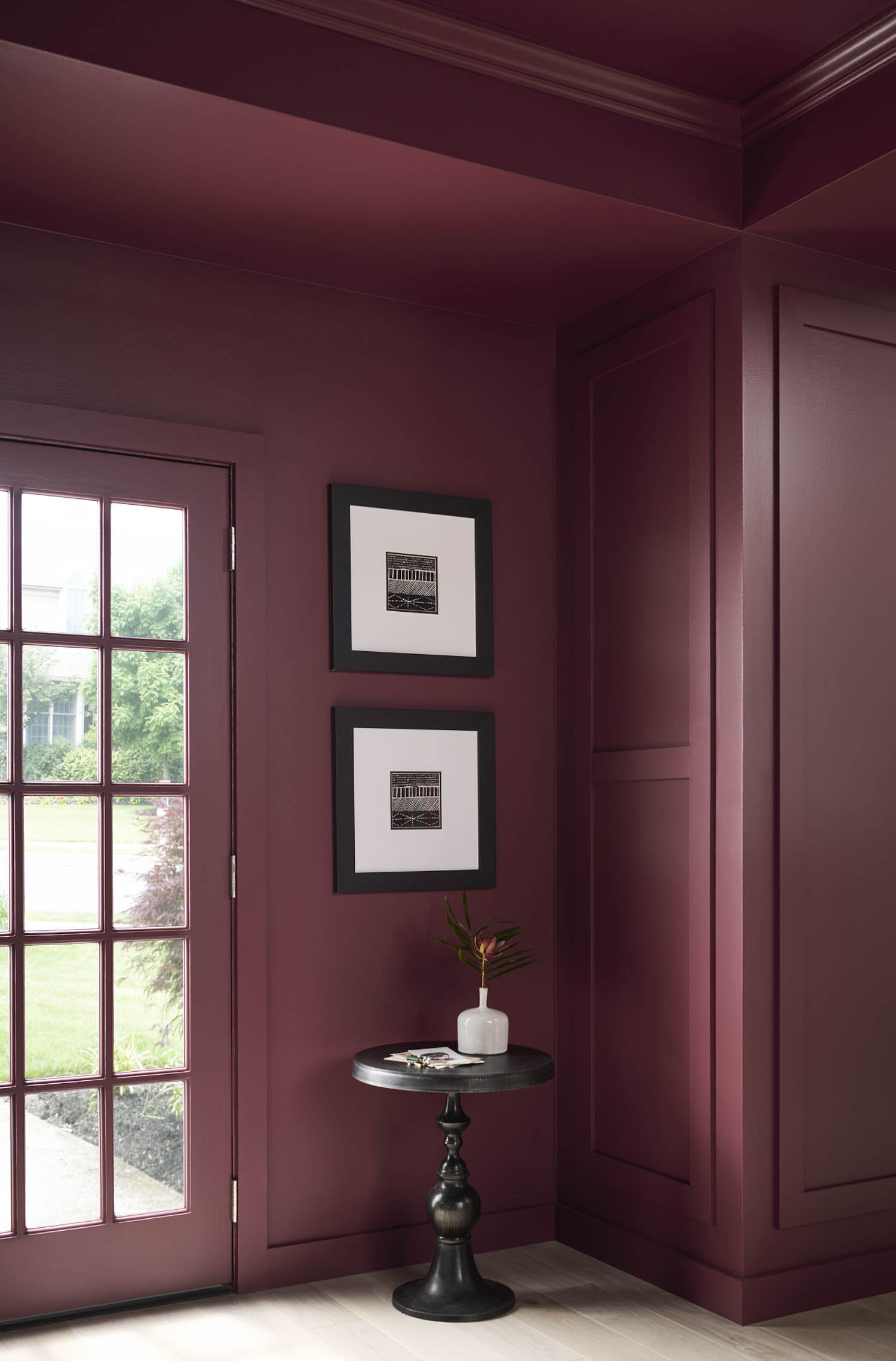 corner of entryway with dark red walls and windows