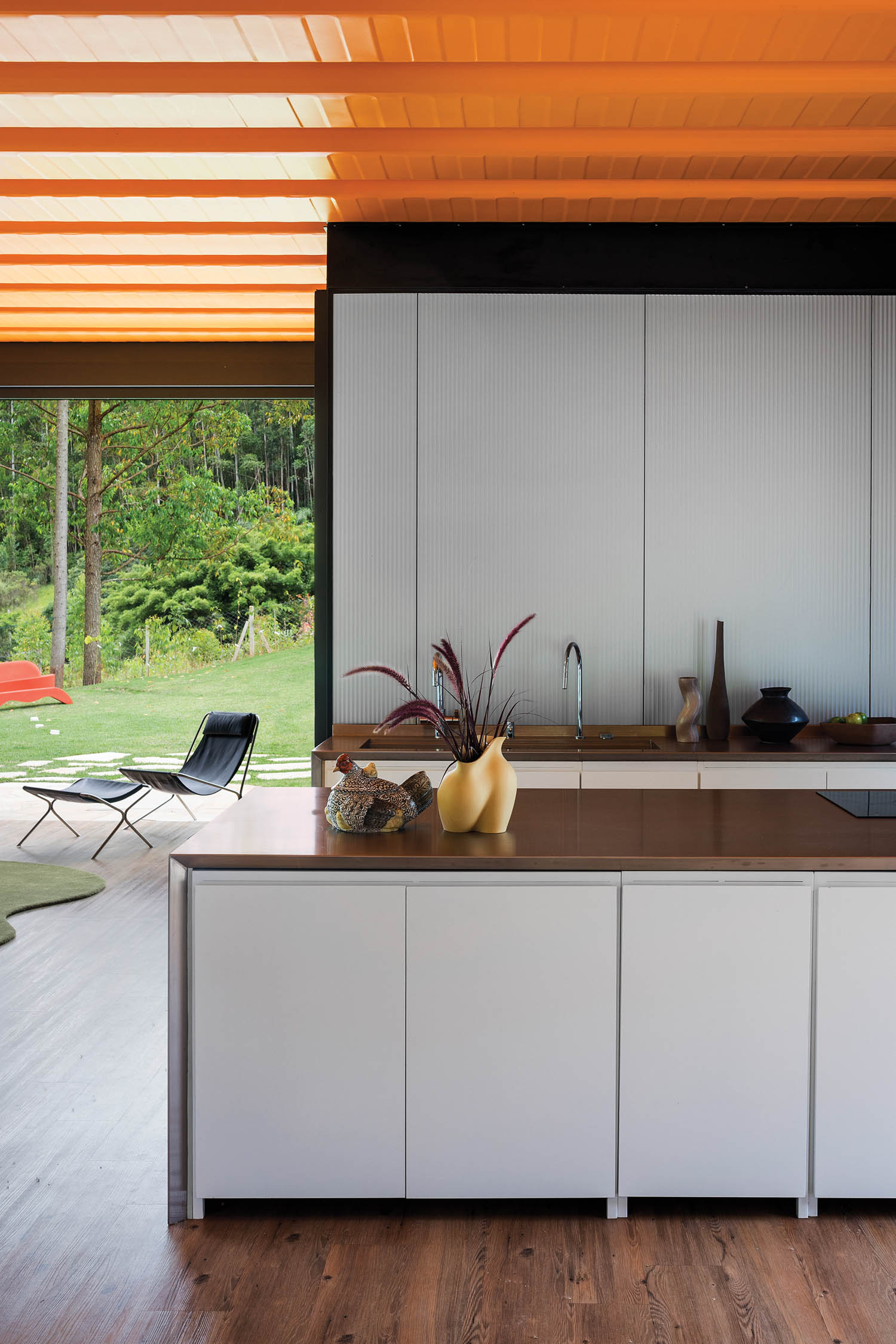 kitchen area with integrated work stations in stainless steel