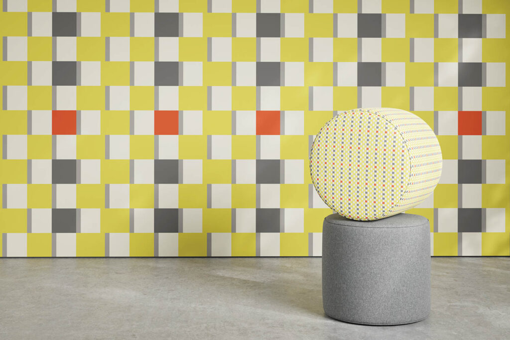 circular cushions against a bright yellow checkered backdrop