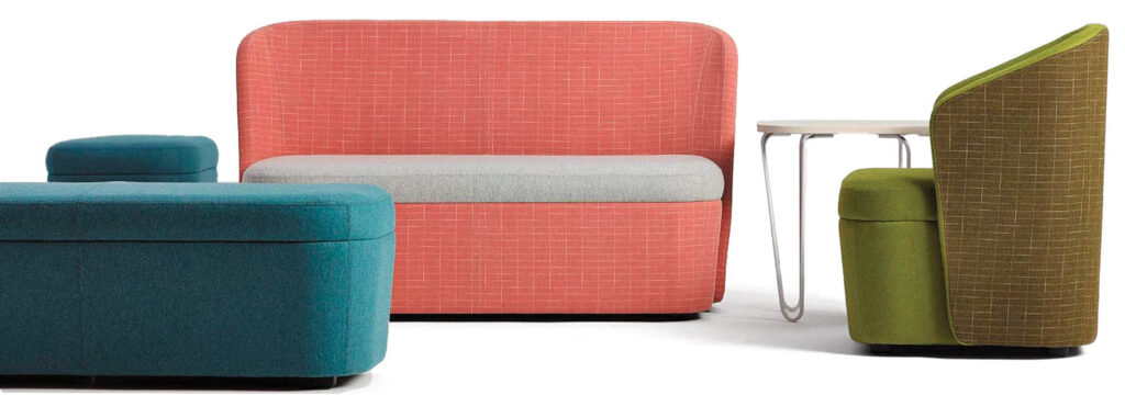 blue ottoman, pink chair and brown chair in a set