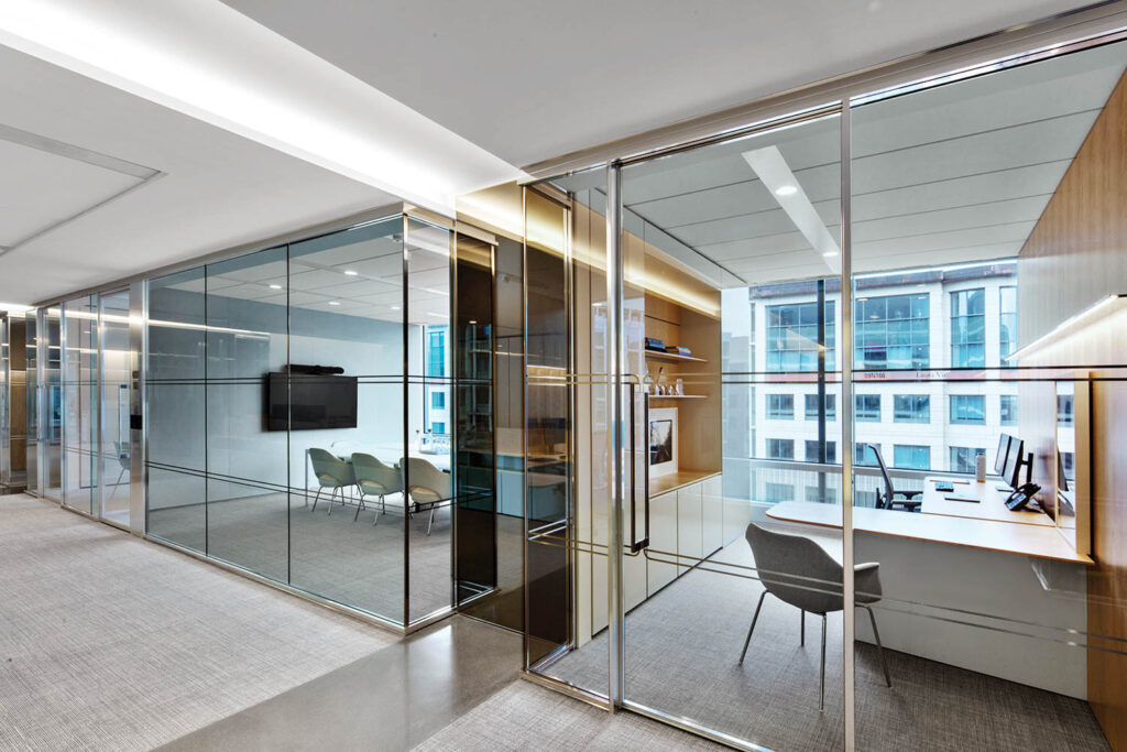 exterior office spaces with glass partitioned walls and doors