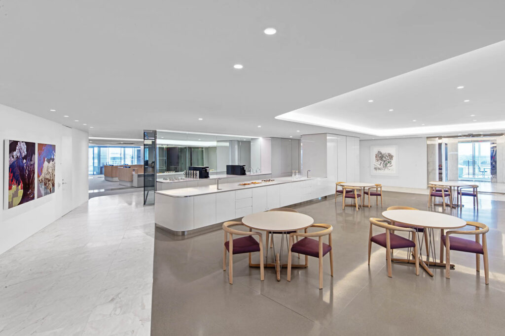 practice floor pantry with wide spaces, comfortable purple chairs and artwork