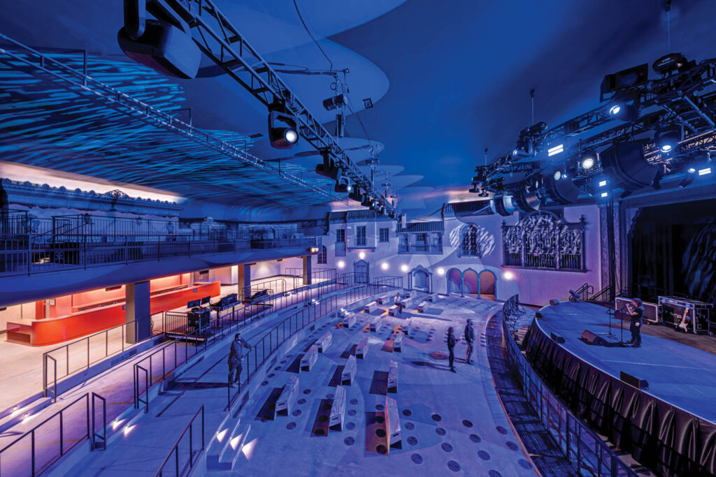 concert auditorium surrounded by whimsical faux building facades