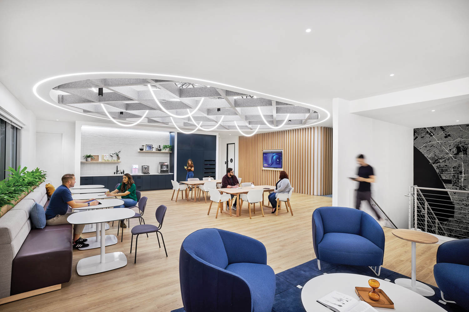 break room with cork flooring and LED ropes from the ceiling