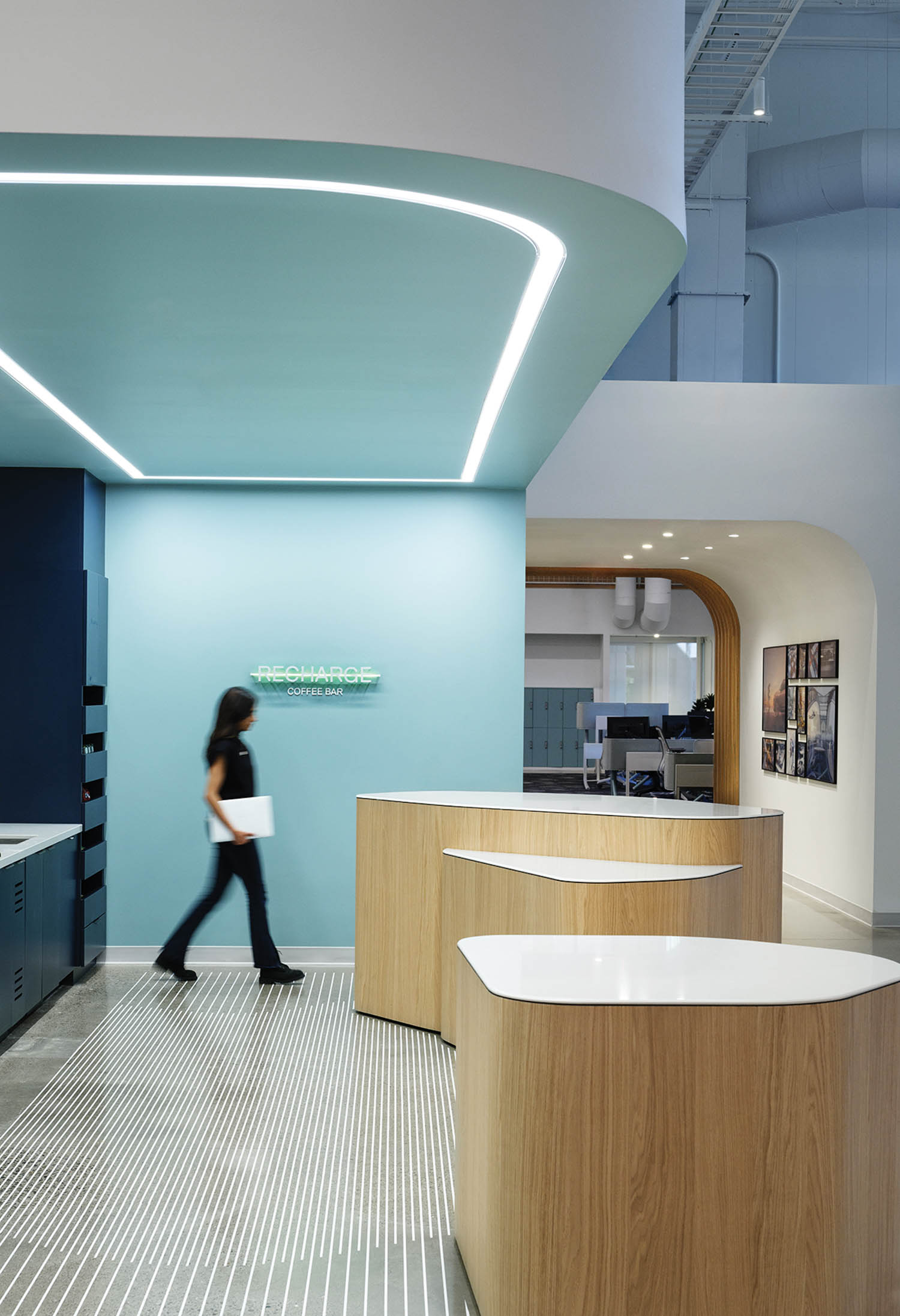 coffee bar with light blue walls and custom white oak counters