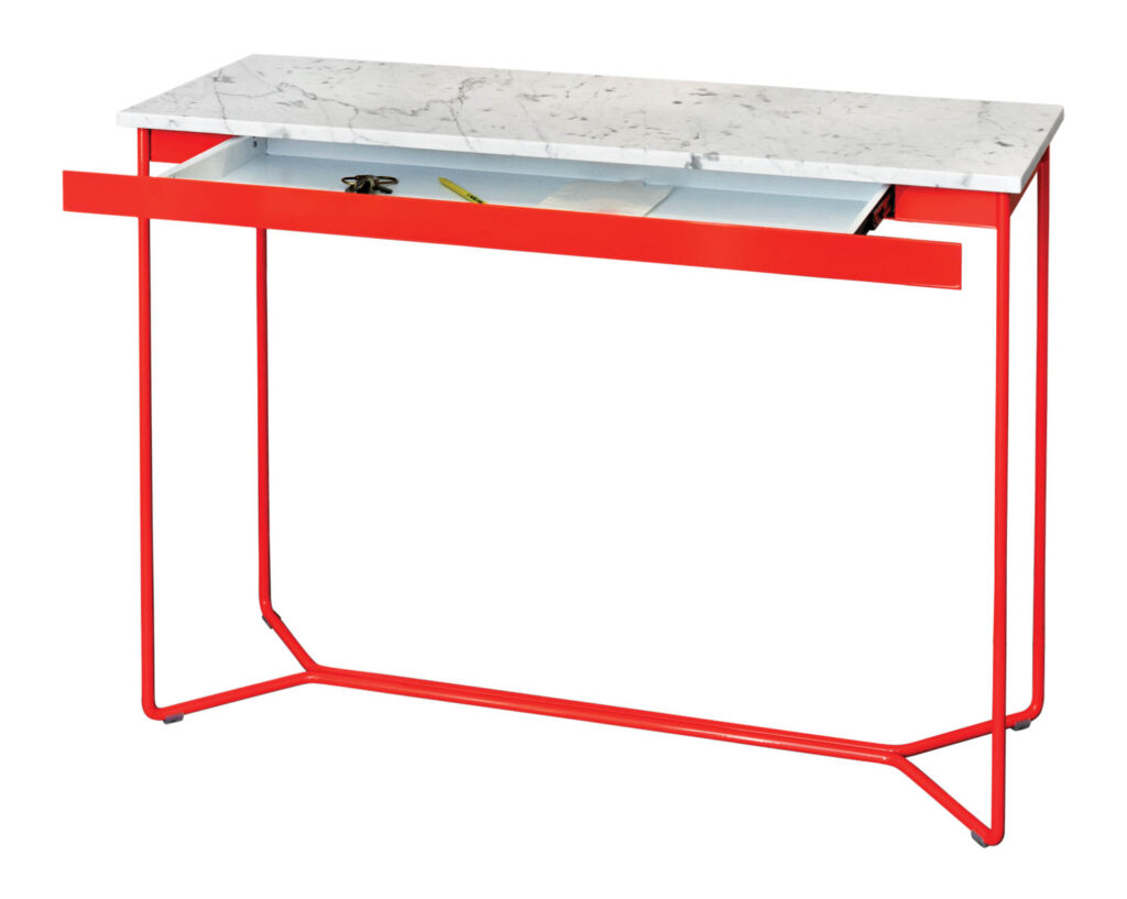 red table console with powder-coated steel and polished-marble top