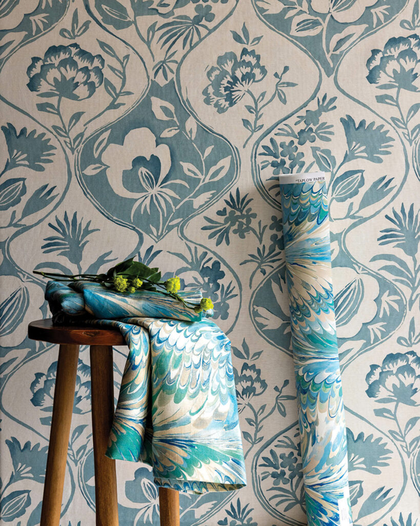 stool with flowery garden fabric in blue