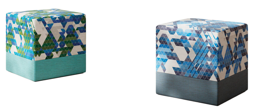 two ottomans covered in geometric fabric